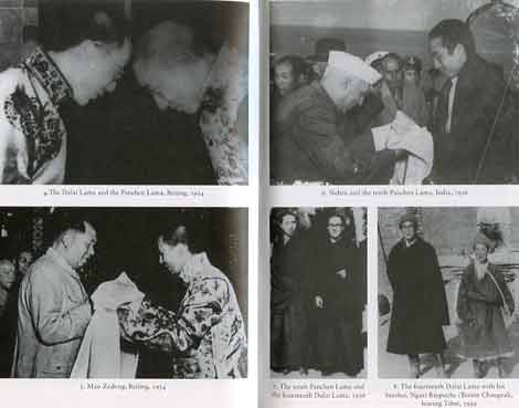 
Upper left: Dalai Lama and Panchen Lama, Beijing, 1954. Lower left: Mao and Panchen Lama, Beijing, 1954. Upper right: Nehru and Panchen Lama, India, 1956. Lower Right, left: Panchen Lama and Dalai Lama, 1956. Lower Right, right: Dalai Lama leaving Tibet, 1959.
